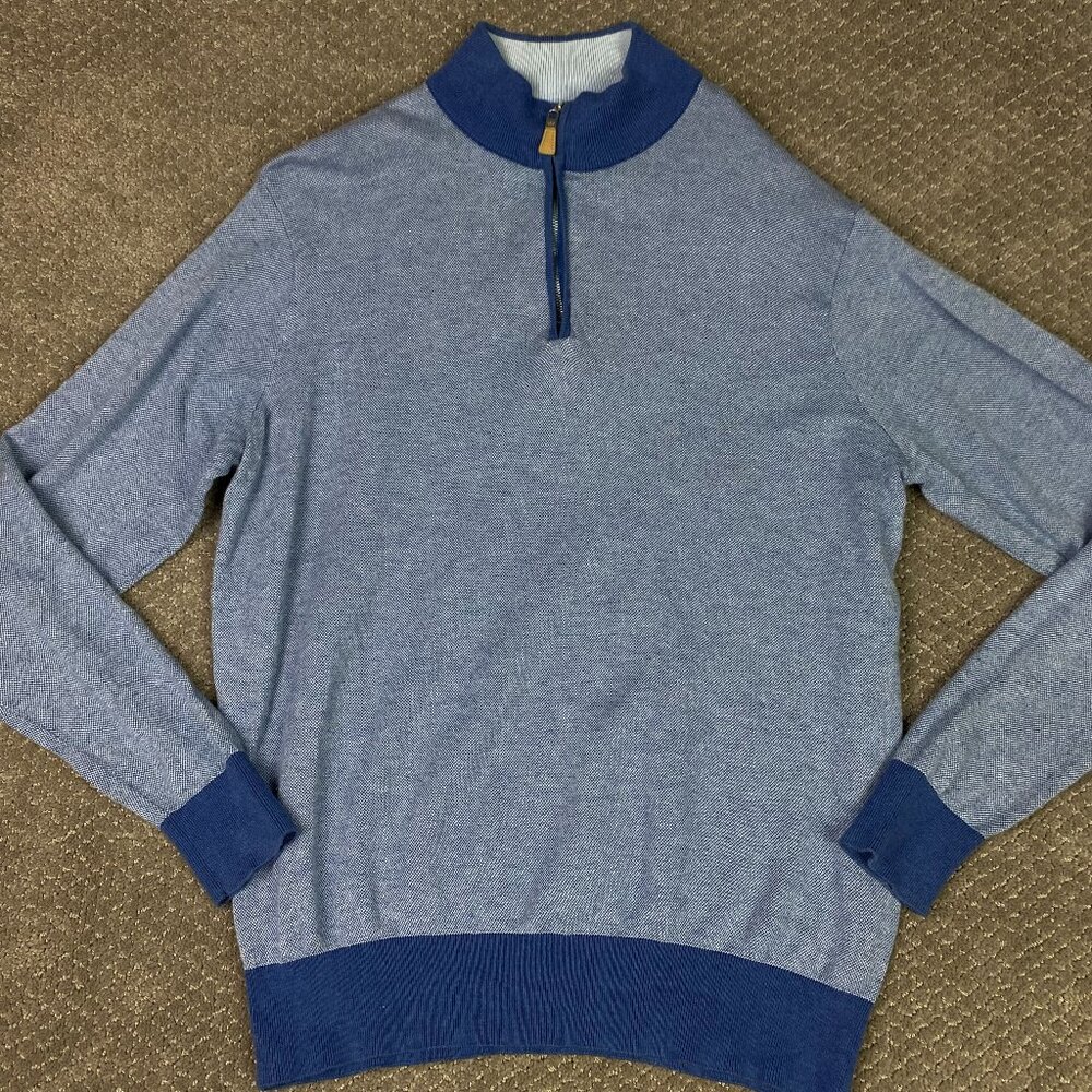 Peter Millar 1/4 Zip Sweater Men's Large Fits Medium Blue Birdseye Cotton Silk